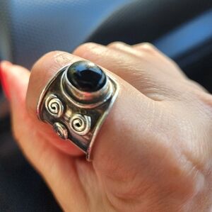 Sterling Silver Wrap Shield Ring, 925 St., Statement Ring ,Black Natural Obsidan